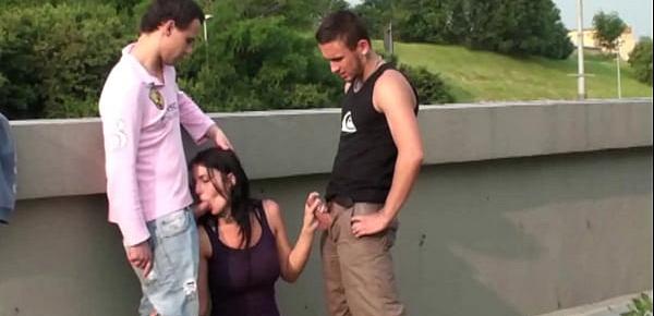  Busty teen girl PUBLIC street gangbang with 2 guys with big dicks